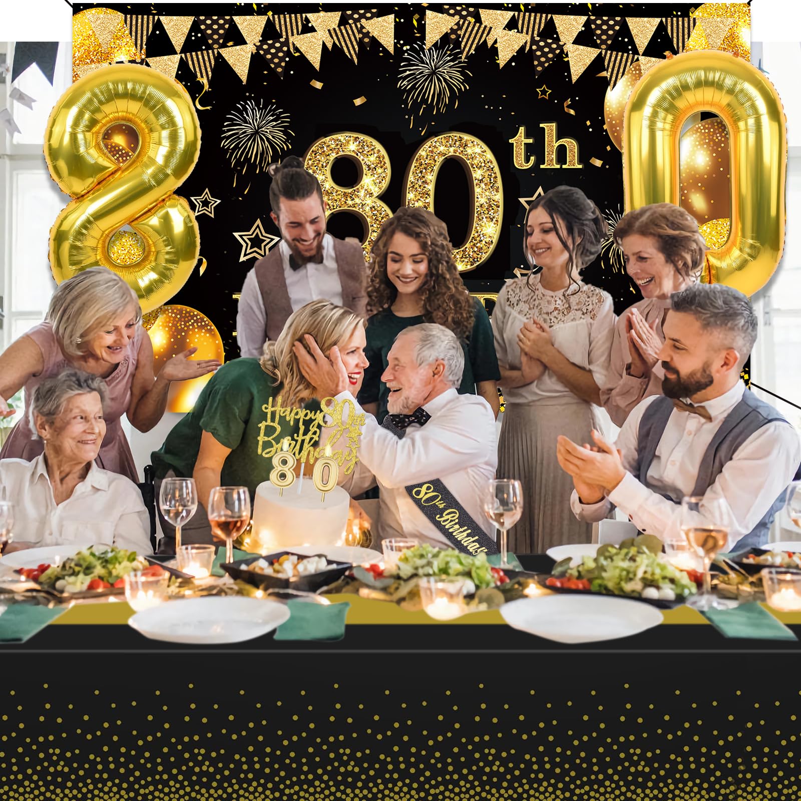 80th Birthday Decorations Men Women with 80th Birthday Banner, Black and Gold Table Cloth, 80 Number Balloons, 80th Birthday Sash, 80th Birthday Cake Topper and 80th Birthday Candles