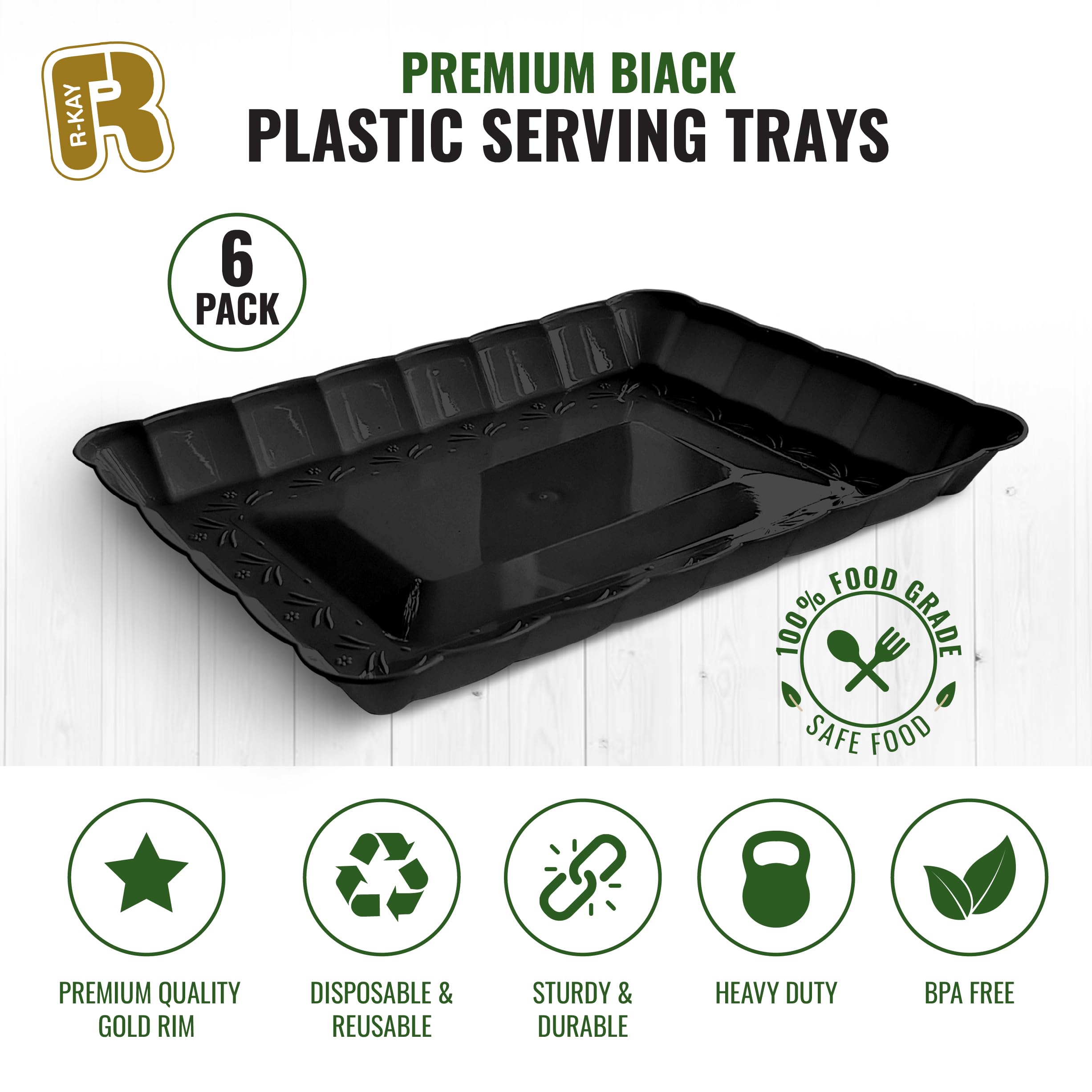 6 Pack Black Plastic Serving Trays - 9 x 13 Party Serving Trays and Platters - Black Serving Tray - Black Serving Platter Tray for Party