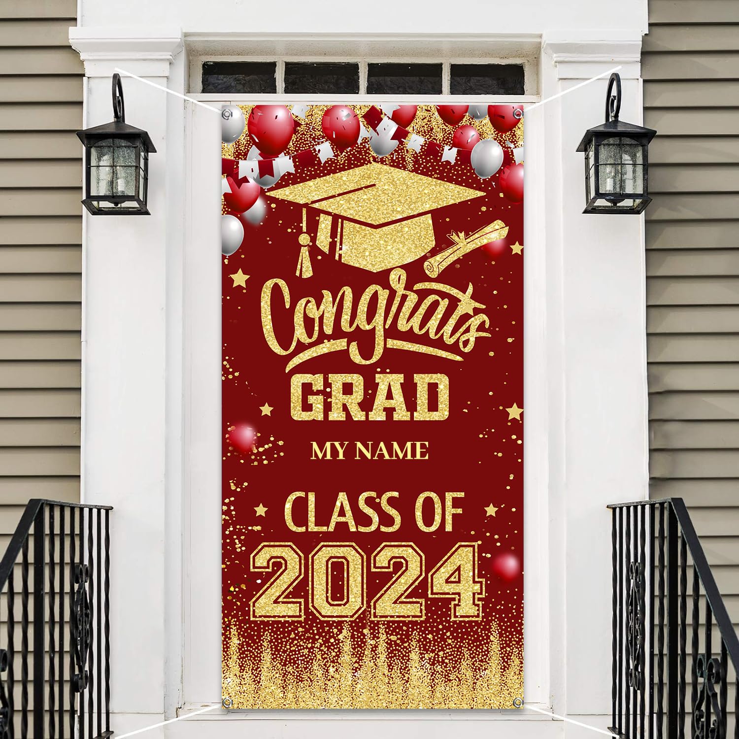 XHCYGWY Maroon and Gold Graduation Decorations Class of 2024 Banner Personalized Graduation Door Cover with 52 Alphabets Stickers,Congrats Grad 2024 Graduation Party