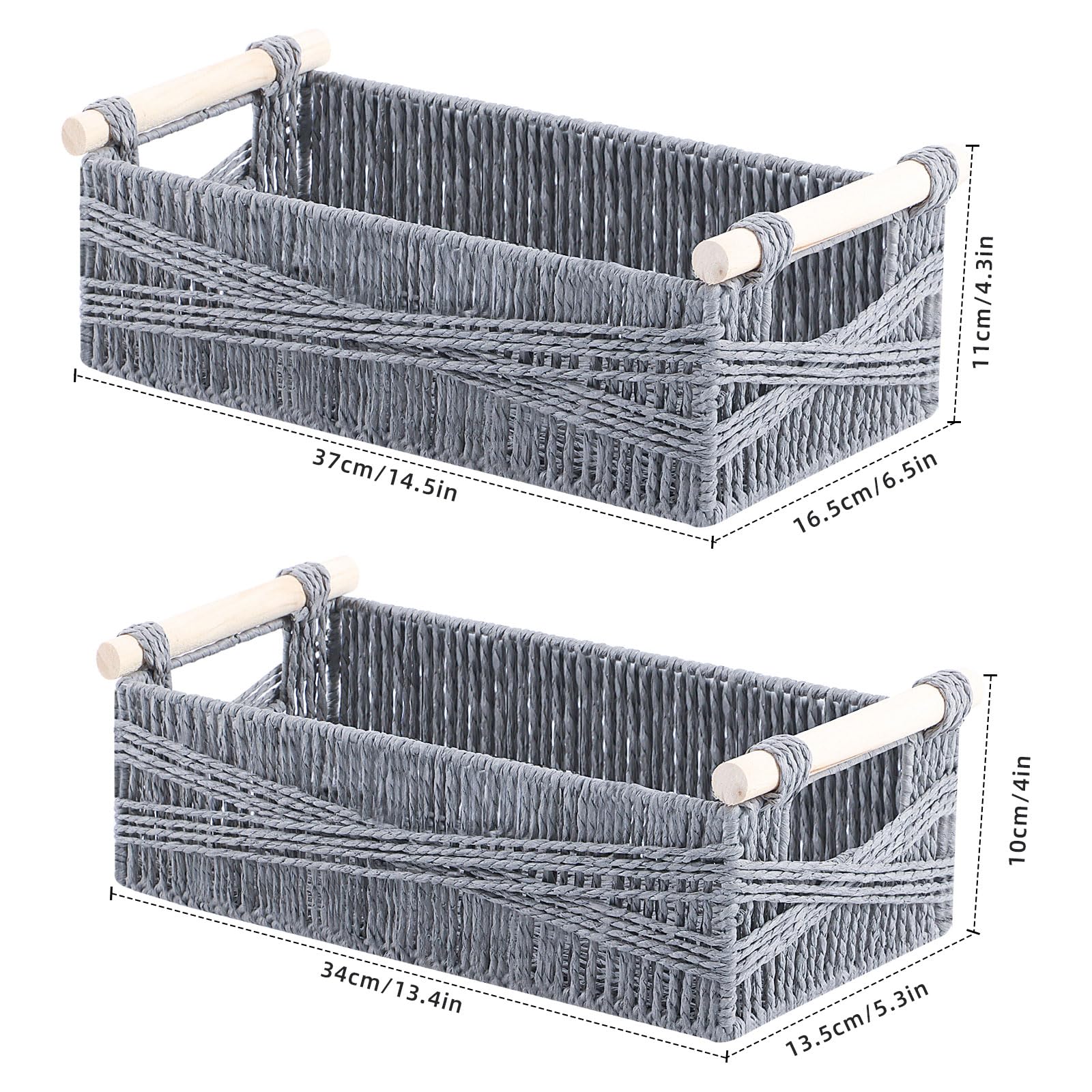 OUTBROS 2-Pack Woven Storage Baskets,Paper Rope Basket with Wood Handles, Decorative Boho Desk Wicker Storage Bins for Shelves, Organizer Container, Grey