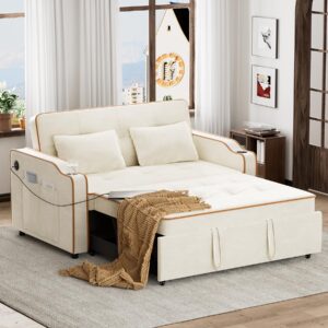 wrofly 3 in 1 convertible sleeper sofa bed, pullout couch with usb port & cup holder, modern futon loveseat with storage and pillows, velvet small couches for living room (beige white)