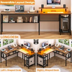 Hyomdeck Reversible L Shaped Computer Desk with Power Outlet & Monitor Stand, 55 Inch Gaming Desk with RGB LED Light, Sturdy Office Corner Desk with Storage Shelf, Easy to Assemble, Rustic Brown