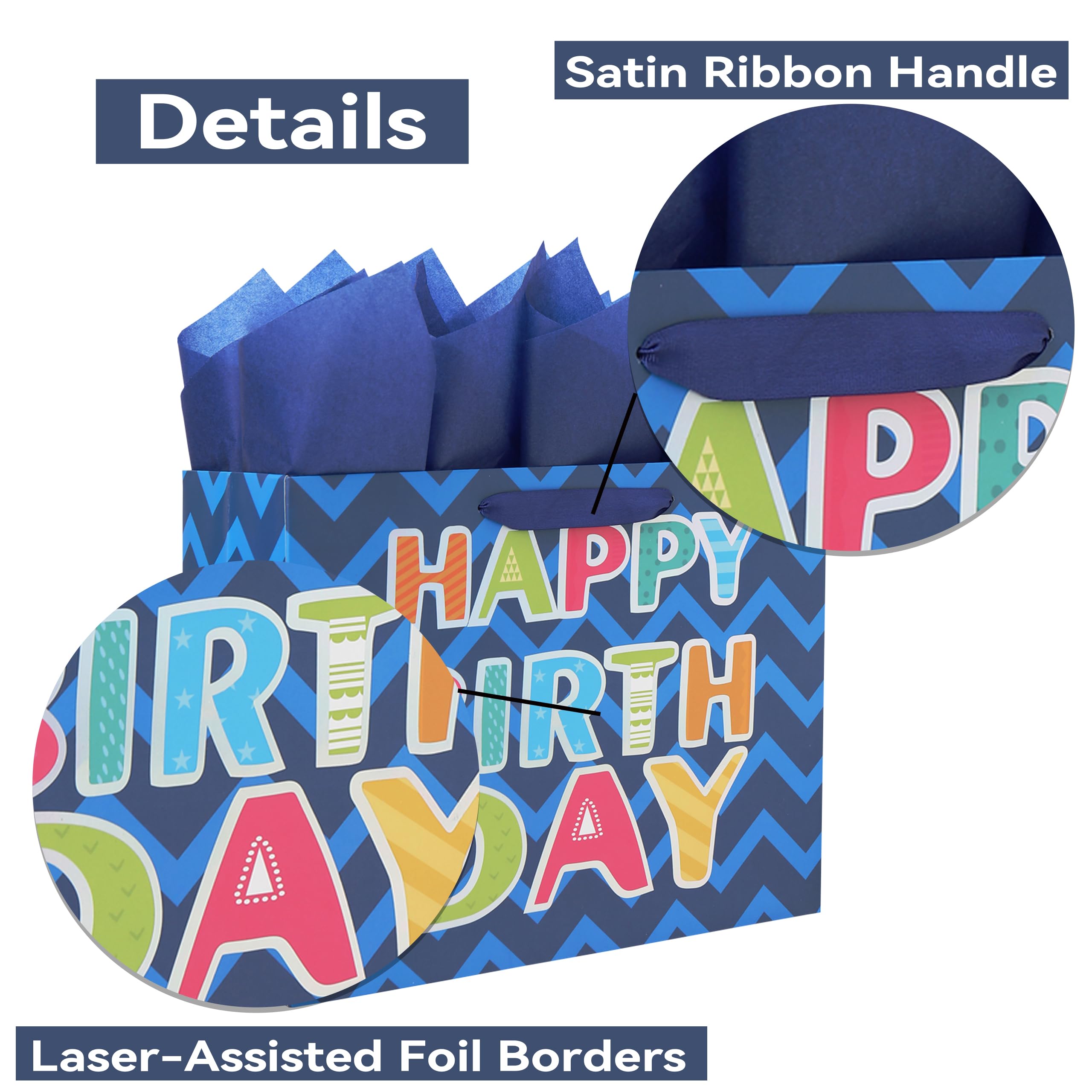 13" Large Blue Gift Bag Set with Greeting Card and White Tissue Papers (Laser Foil 'Happy Birthday') for Men's Birthday Party, Boys' or Kids' Parties, Baby Shower, Baby Boy - 13”x5.2”x10.2”, 1 Pcs.