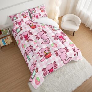 HOSIMA Axolotl Comforter Set Twin Size for Kids Girls,Pink Cartoon Axolotl Eat Dessert Printing Bedding Set Twin Size for Princess Bedroom Decor with Two Pillowcases.