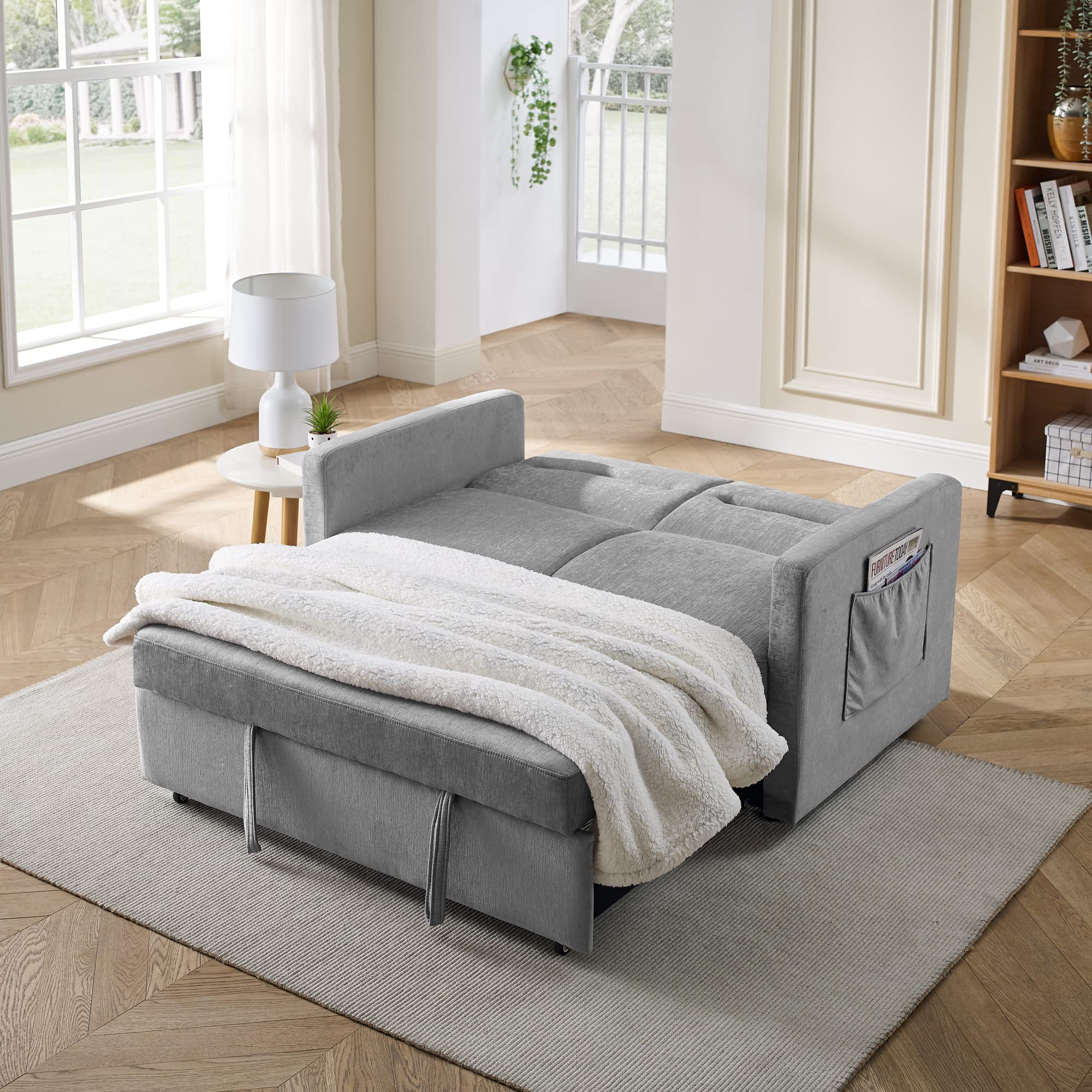 HomsSof Loveseats Sofa Bed Couch with Pull-Out Bed，Adjsutable Back and Two Arm Pocket,54.5"x33"x31.5",Grey