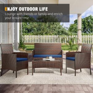 UDPATIO Patio Furniture 4 Pieces Outdoor Wicker Rattan Chair Balcony Conversation Sets Porch Furniture Sectional Loveseat w Cushions and Table for Backyard Pool Garden (Brown-Blue)