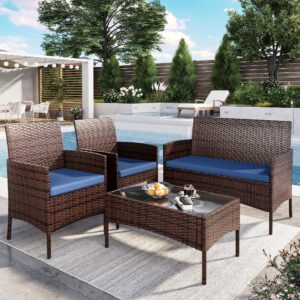 UDPATIO Patio Furniture 4 Pieces Outdoor Wicker Rattan Chair Balcony Conversation Sets Porch Furniture Sectional Loveseat w Cushions and Table for Backyard Pool Garden (Brown-Blue)