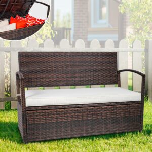 oyodhpdu 60 gallon outdoor storage bench- all weather pe rattan deck box- deck box w/thick seat cushion- patio sofa storage bench with cushion for porch, yard, lawn, garden (brown)