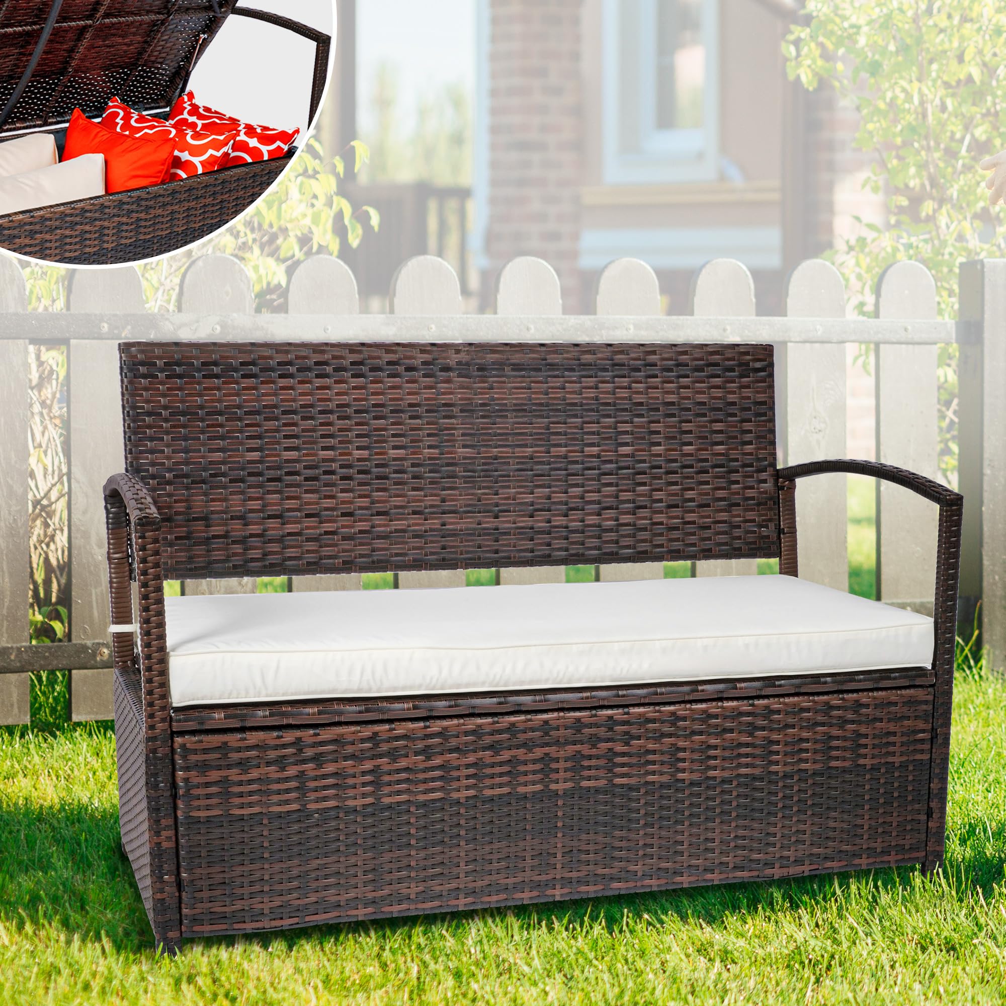 OYODHPDU 60 Gallon Outdoor Storage Bench- All Weather PE Rattan Deck Box- Deck Box w/Thick Seat Cushion- Patio Sofa Storage Bench with Cushion for Porch, Yard, Lawn, Garden (Brown)