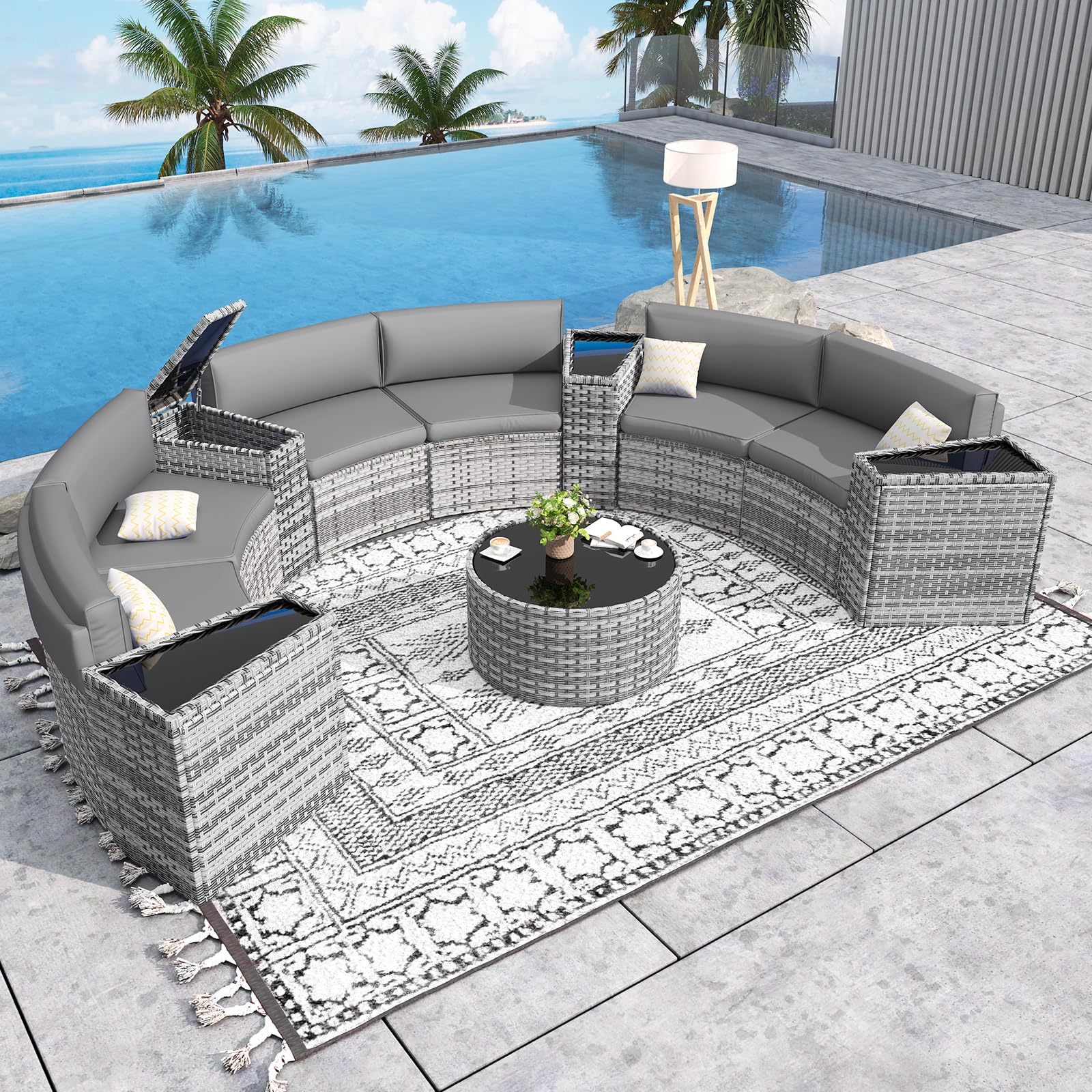 VONZOY Patio Sectional Furniture Outdoor 11-Piece Grey Rattan Curved Sofa Set with Storage Table,Pillows,Fit for Pool Backyard Balcony Porch Lawn(Grey)