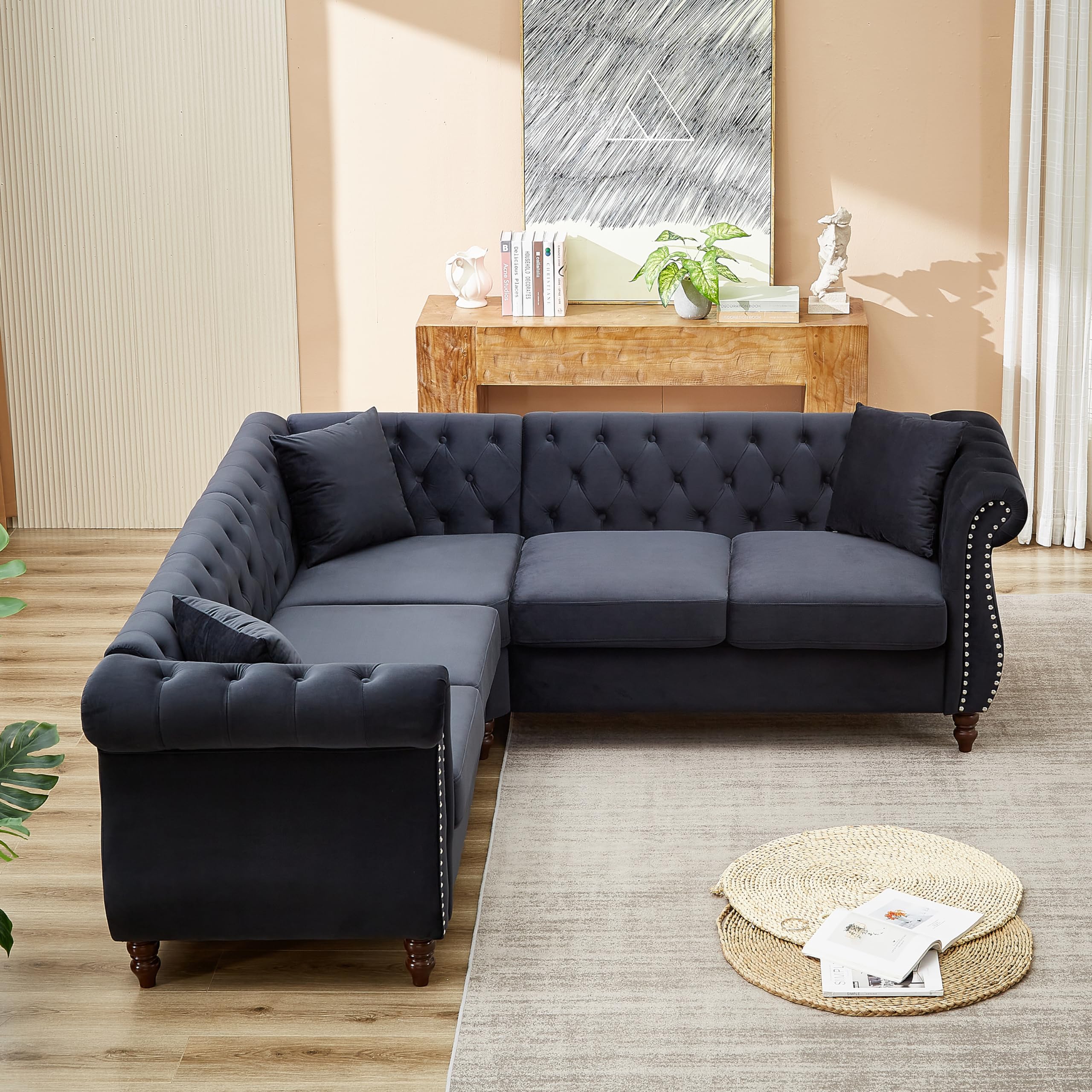 Merax L-Shaped 83.5-inch Sofa Couch, Luxury Classic Chesterfield Velvet Corner Sofa, Button Tufted Upholstered Sectional Corner Sofa with 3 Pillows and Solid Wood Gourd Legs, Black