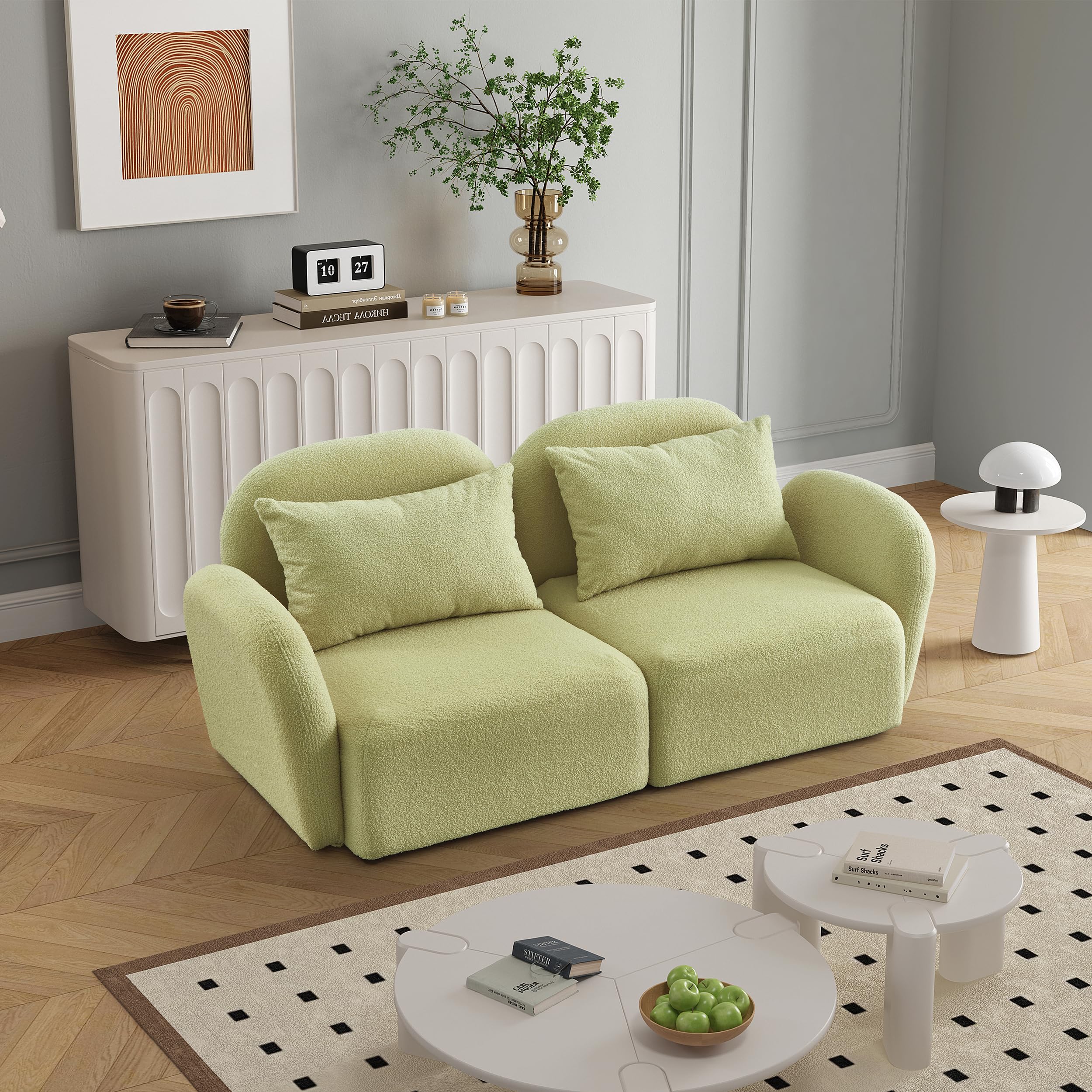 Bellemave Loveseat Sofa Couch 2 Seater Couch with Pillows Teddy Fabric 2-Person Sofa Love Seat 2 Cushion Sofa for Living Room, Apartment (Green)