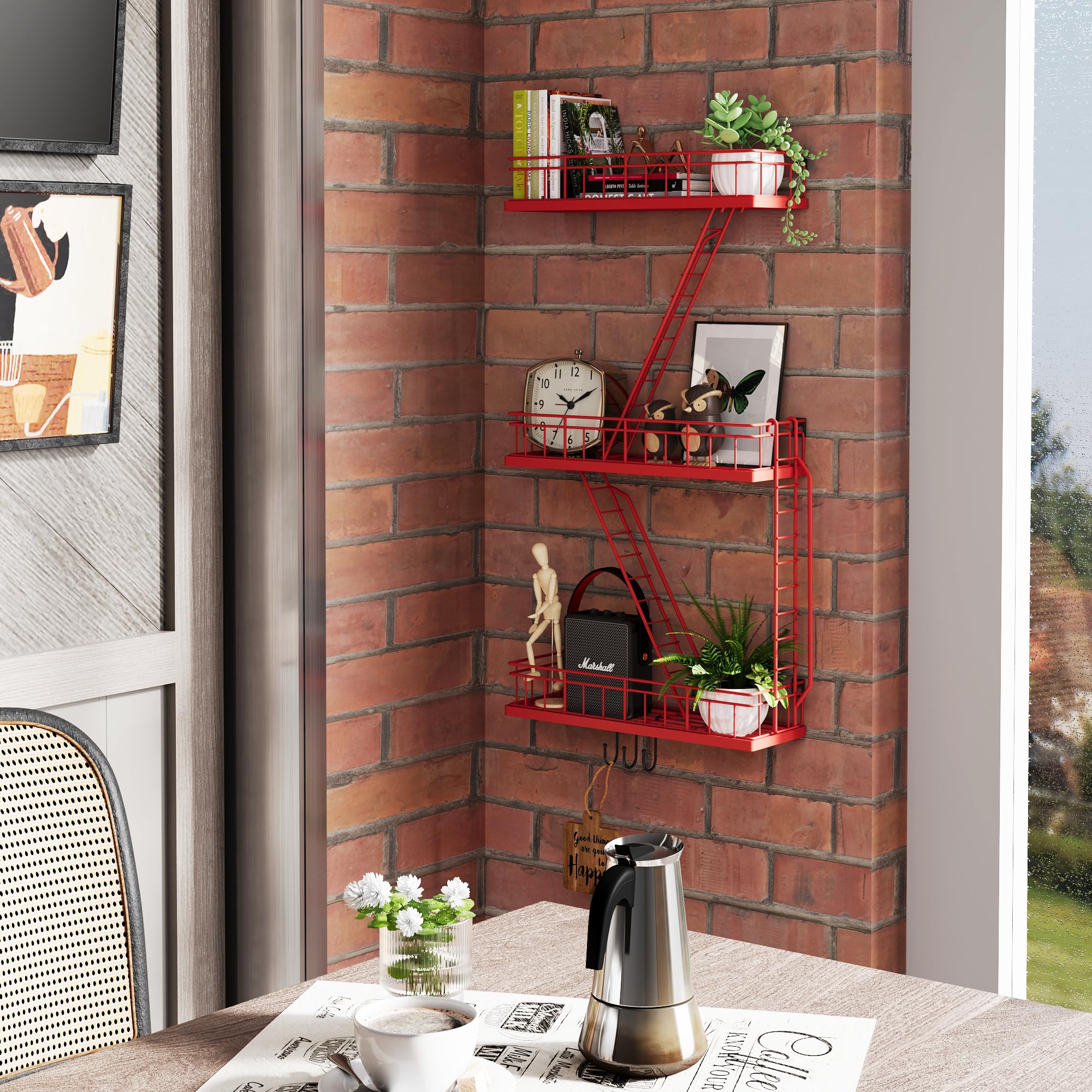 Beskadi Fire Escape Wall Shelf Red, Fire Escape Ladder 3 Story Shelf Wall Storage, New York Inspired Cool Bookshelf Metal Shelves, New York Action Figurine Display Shelf for Bathroom, Living Room.