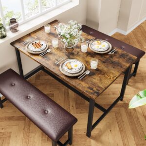 GAOMON Dining Table Set for 4, Kitchen Table with Benches, Rectangular Dining Room Table Set with 2 Upholstered Benches, 3 Piece Kitchen Table Set for Small Space, Apartment, Studio, Retro Brown