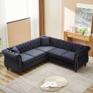 merax l-shaped 83.5-inch sofa couch, luxury classic chesterfield velvet corner sofa, button tufted upholstered sectional corner sofa with 3 pillows and solid wood gourd legs, black