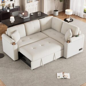 p purlove sectional sofa with pull-out sofa bed, boucle l-shape sleeper sofa with wheels, usb charging port and power sockets, modern upholstered couch for living room, bedroom, apartment (beige)