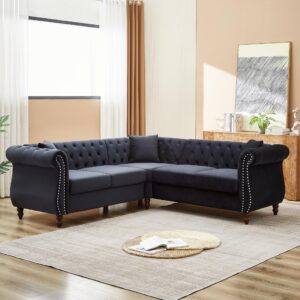 Merax L-Shaped 83.5-inch Sofa Couch, Luxury Classic Chesterfield Velvet Corner Sofa, Button Tufted Upholstered Sectional Corner Sofa with 3 Pillows and Solid Wood Gourd Legs, Black