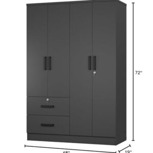 Woodpeckers Furniture And Mattress 4 Doors Wardrobe 2 Drawers with Shelves 72" high (Black)