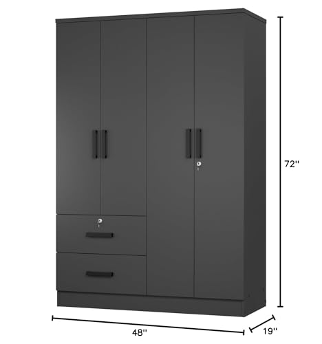 Woodpeckers Furniture And Mattress 4 Doors Wardrobe 2 Drawers with Shelves 72" high (Black)