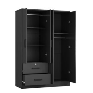 Woodpeckers Furniture And Mattress 4 Doors Wardrobe 2 Drawers with Shelves 72" high (Black)