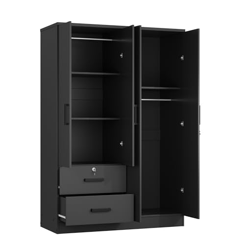 Woodpeckers Furniture And Mattress 4 Doors Wardrobe 2 Drawers with Shelves 72" high (Black)