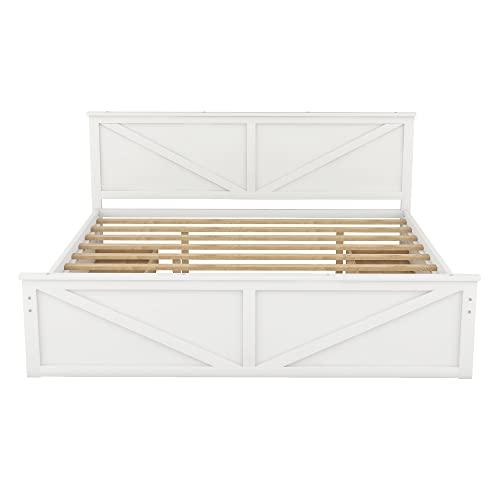 RORIGAT King Size Platform Bed with 4 Storage Drawers, Wooden Bedframe w/Headboard and Support Legs, for Livingroom, Bedroom, Guestroom, No Box Spring Needed, White