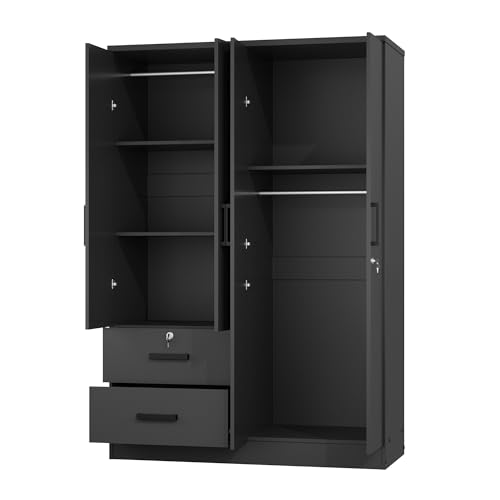 Woodpeckers Furniture And Mattress 4 Doors Wardrobe 2 Drawers with Shelves 72" high (Black)