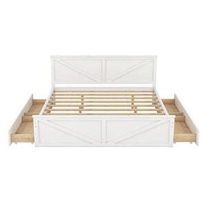 RORIGAT King Size Platform Bed with 4 Storage Drawers, Wooden Bedframe w/Headboard and Support Legs, for Livingroom, Bedroom, Guestroom, No Box Spring Needed, White