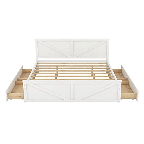 RORIGAT King Size Platform Bed with 4 Storage Drawers, Wooden Bedframe w/Headboard and Support Legs, for Livingroom, Bedroom, Guestroom, No Box Spring Needed, White