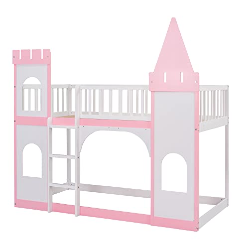 RORIGAT Twin Over Twin Castle Bed Kids Bunk Bed with Ladder and Guardrails, Wooden Versatile Floor Bedframe for Kids Teens Bedroom, Pink