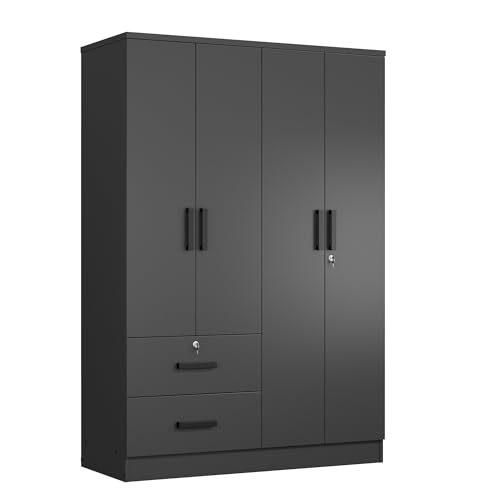 Woodpeckers Furniture And Mattress 4 Doors Wardrobe 2 Drawers with Shelves 72" high (Black)