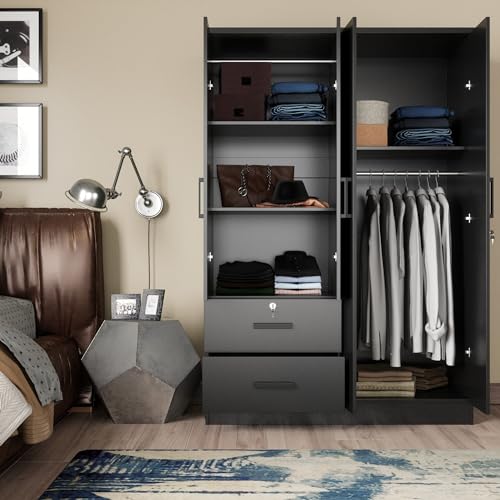 Woodpeckers Furniture And Mattress 4 Doors Wardrobe 2 Drawers with Shelves 72" high (Black)