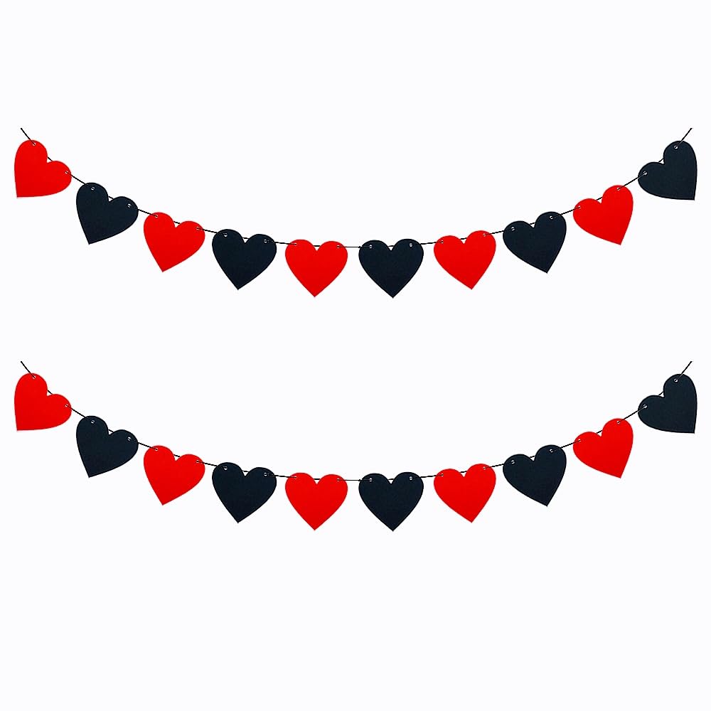 FAZHBARY 2 Pack Black Red Heart Garland Felt Heart Banner for Gothic Valentines Wedding Farewell Heart Party Decorations