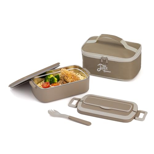 Lille Home Stainless Steel Bento Lunch Box for Adults, 34oz Portable Food Container with Lunch Bag and Utensils, Ideal for Meal Prep and On-the-Go (Brown)