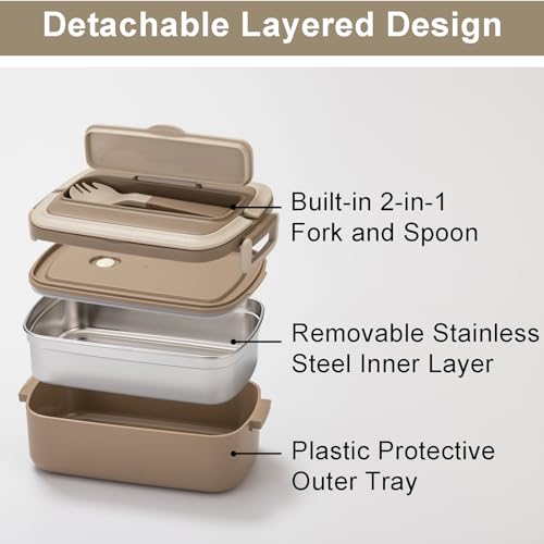 Lille Home Stainless Steel Bento Lunch Box for Adults, 34oz Portable Food Container with Lunch Bag and Utensils, Ideal for Meal Prep and On-the-Go (Brown)