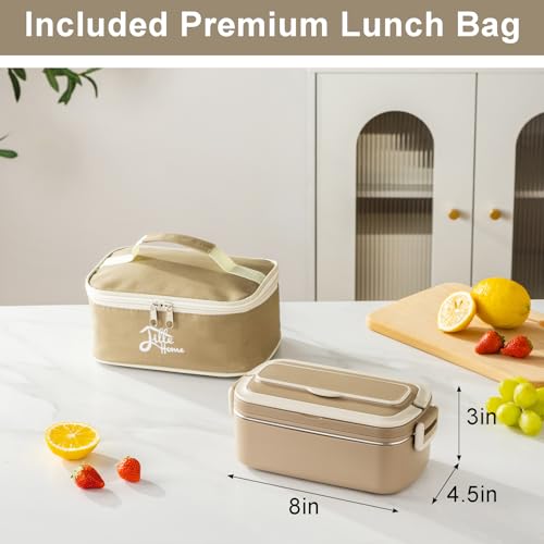 Lille Home Stainless Steel Bento Lunch Box for Adults, 34oz Portable Food Container with Lunch Bag and Utensils, Ideal for Meal Prep and On-the-Go (Brown)