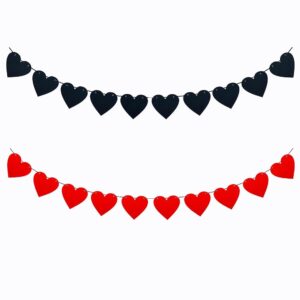 FAZHBARY 2 Pack Black Red Heart Garland Felt Heart Banner for Gothic Valentines Wedding Farewell Heart Party Decorations