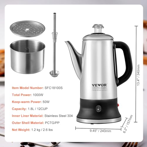 VEVOR 12-Cup Electric Percolator Coffee Pot, 304 Stainless Steel Coffee Percolator with Keep Warm Function & Heat-Resistant Handle, Classic Coffee Maker, Quick Brew & Split Power Base, Silver