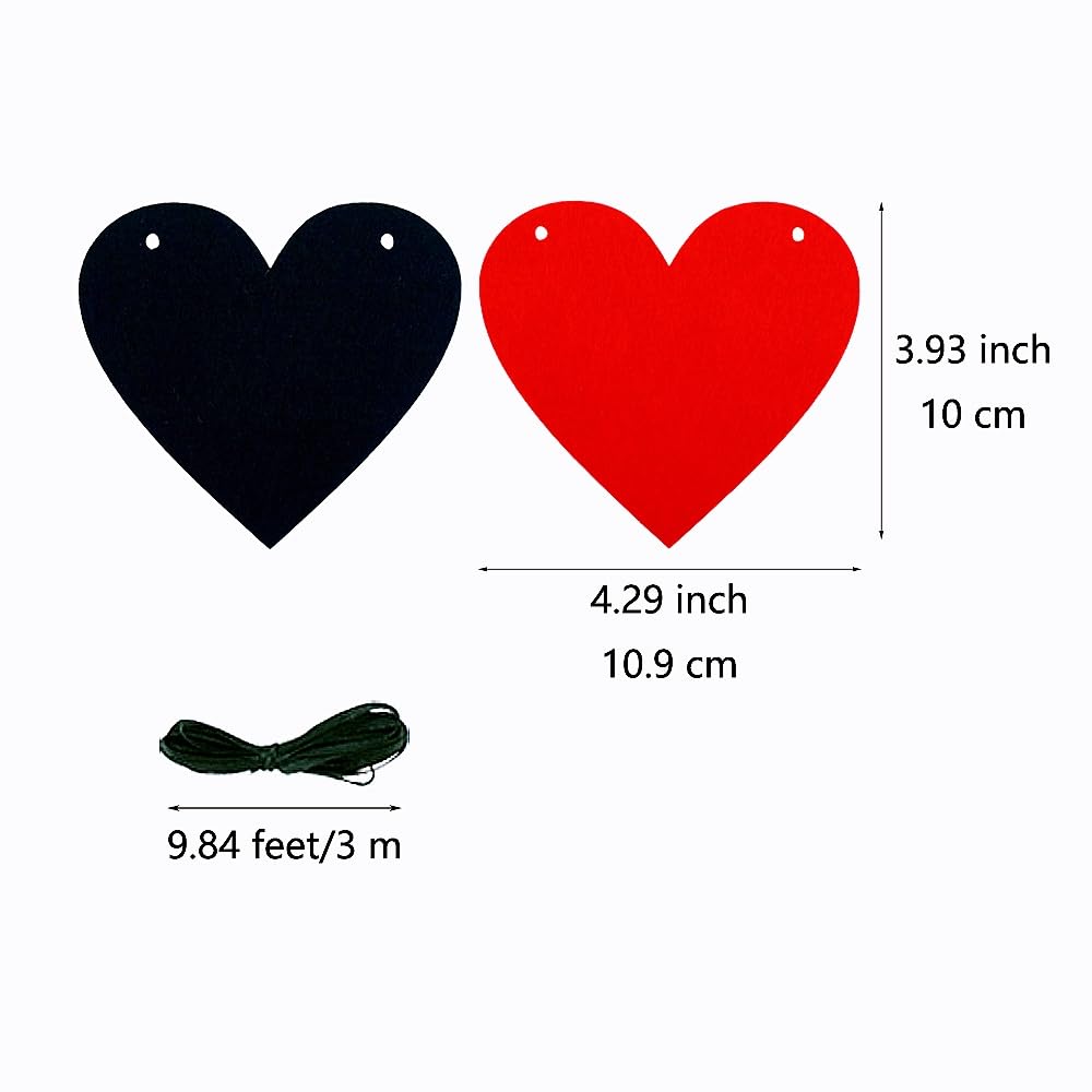 FAZHBARY 2 Pack Black Red Heart Garland Felt Heart Banner for Gothic Valentines Wedding Farewell Heart Party Decorations