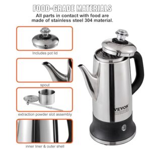 VEVOR 12-Cup Electric Percolator Coffee Pot, 304 Stainless Steel Coffee Percolator with Keep Warm Function & Heat-Resistant Handle, Classic Coffee Maker, Quick Brew & Split Power Base, Silver