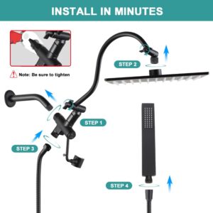 SWKB All Metal 10 inch Shower Head With Handheld Combo With Press Button 2-Way Diverter,Handheld Shower Wand,12 inch Adjustable Shower Extension Arm,Include 71 Inch / 6 ft Hose,Matte Black