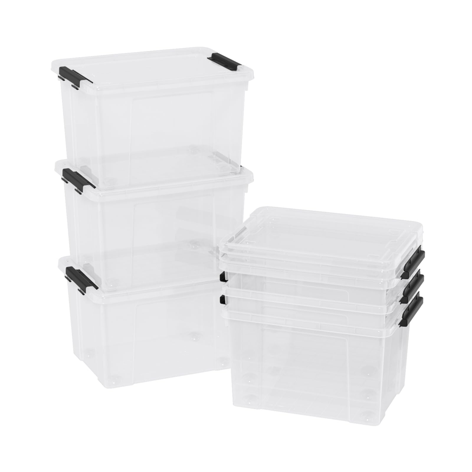 DynkoNA 22 Quart Plastic Latching Storage Box with Wheels, 6-pack Clear Lidded Storage Bins