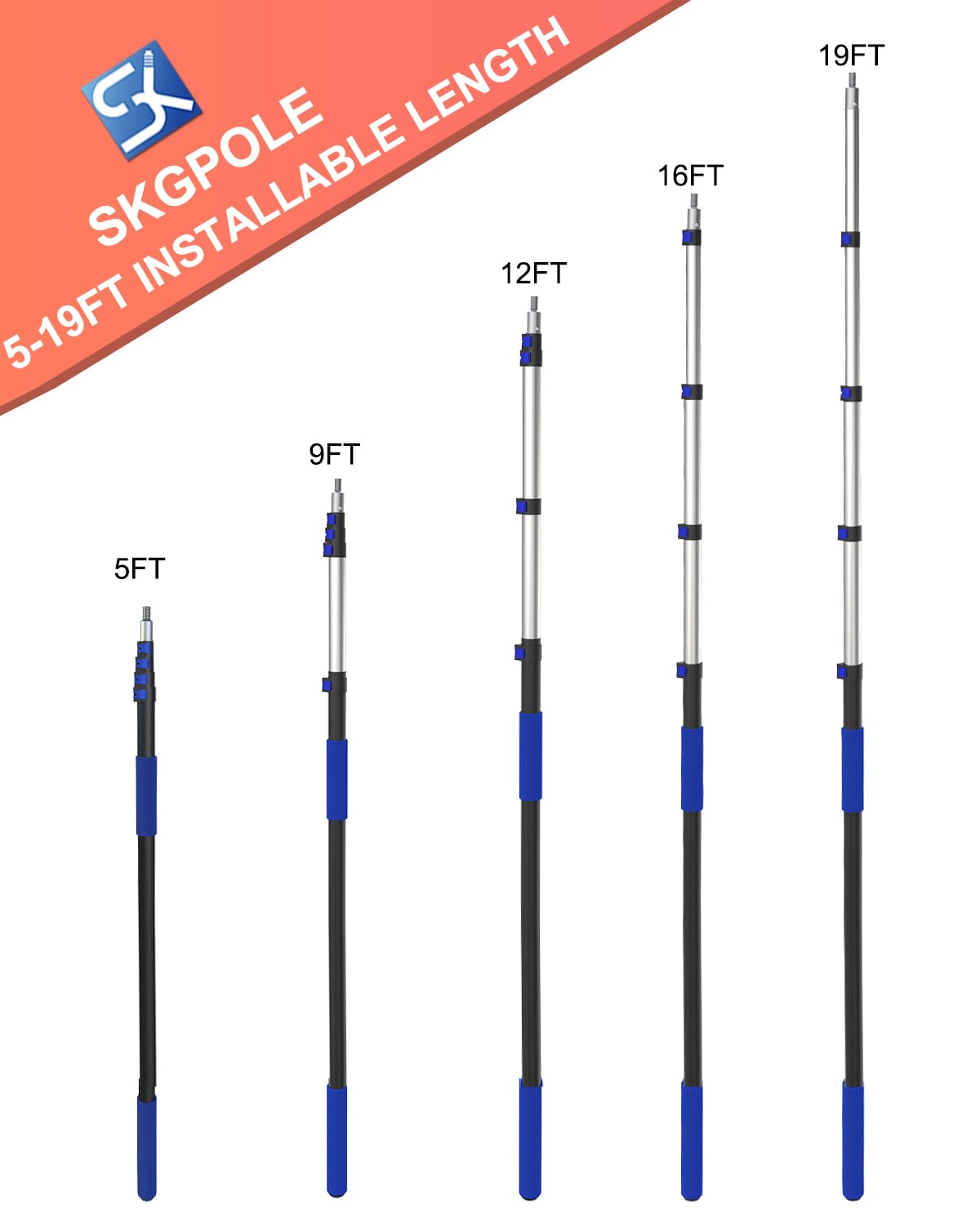 SKGPOLE 26FT Reach Telescopic Extension Pole, 5-19FT Multi-Purpose Extension Pole with Universal Twist-on Metal Tip, Sturdy Aluminum Paint Roller Extension Pole for Squeegee, Paint Roller, Duster