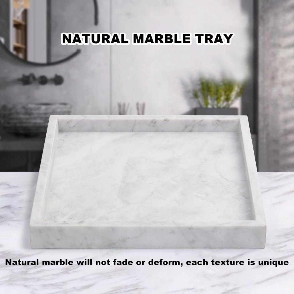 Moreast Real Marble Tray for Bathroom Kitchen, Genuine Natural Stone Decorative Tray on Vanity Dresser Nightstand Desk, 10 x 10 (Grey)