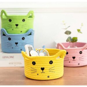 Kamuavni Woven Basket Cartoon Cotton Rope Gifts Basket with Handle Empty Baby Wicker Storage Basket Nursery Box Bin Kids Organizer Cat Dog Toy Basket Easter Basket,Yellow