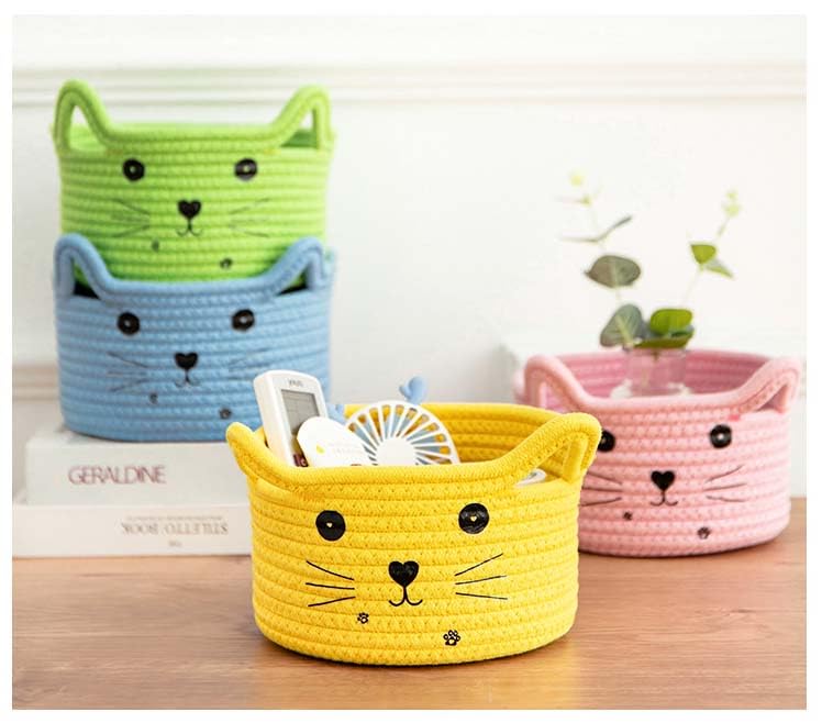 Kamuavni Woven Basket Cartoon Cotton Rope Gifts Basket with Handle Empty Baby Wicker Storage Basket Nursery Box Bin Kids Organizer Cat Dog Toy Basket Easter Basket,Yellow