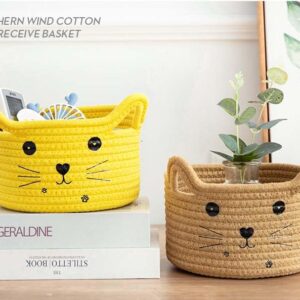 Kamuavni Woven Basket Cartoon Cotton Rope Gifts Basket with Handle Empty Baby Wicker Storage Basket Nursery Box Bin Kids Organizer Cat Dog Toy Basket Easter Basket,Yellow