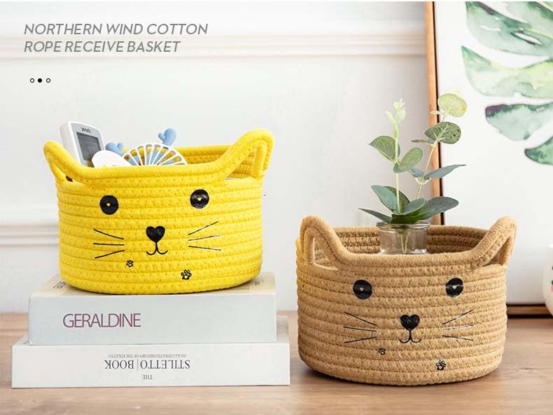 Kamuavni Woven Basket Cartoon Cotton Rope Gifts Basket with Handle Empty Baby Wicker Storage Basket Nursery Box Bin Kids Organizer Cat Dog Toy Basket Easter Basket,Yellow