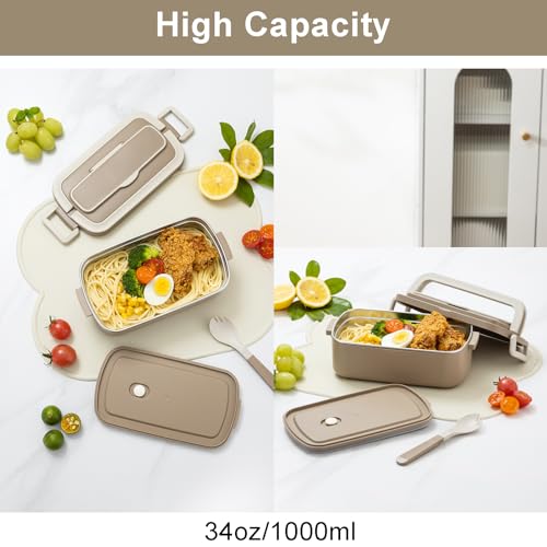 Lille Home Stainless Steel Bento Lunch Box for Adults, 34oz Portable Food Container with Lunch Bag and Utensils, Ideal for Meal Prep and On-the-Go (Brown)