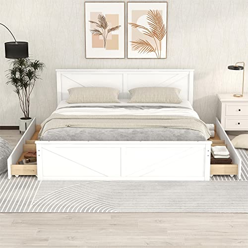 RORIGAT King Size Platform Bed with 4 Storage Drawers, Wooden Bedframe w/Headboard and Support Legs, for Livingroom, Bedroom, Guestroom, No Box Spring Needed, White